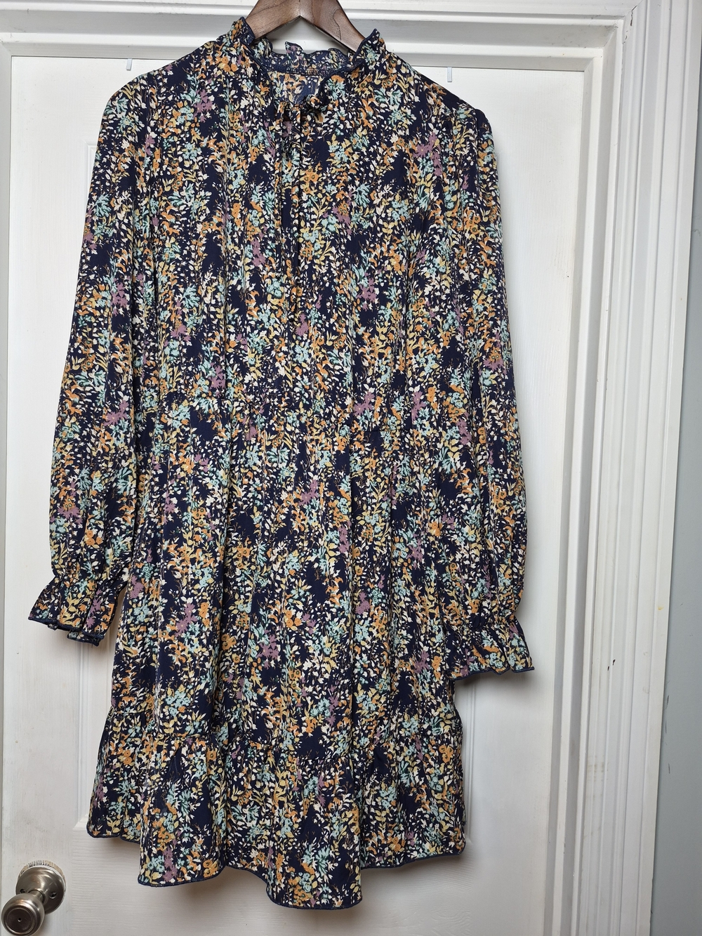 Emery Rose Floral Ruffle-Neck Long Sleeve Dress - Navy Multi XL